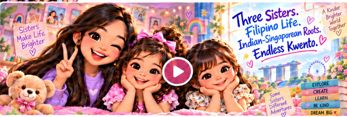 Aniz, Tima and Zoey — The Makulit Sisters — smiling together in their colourful room